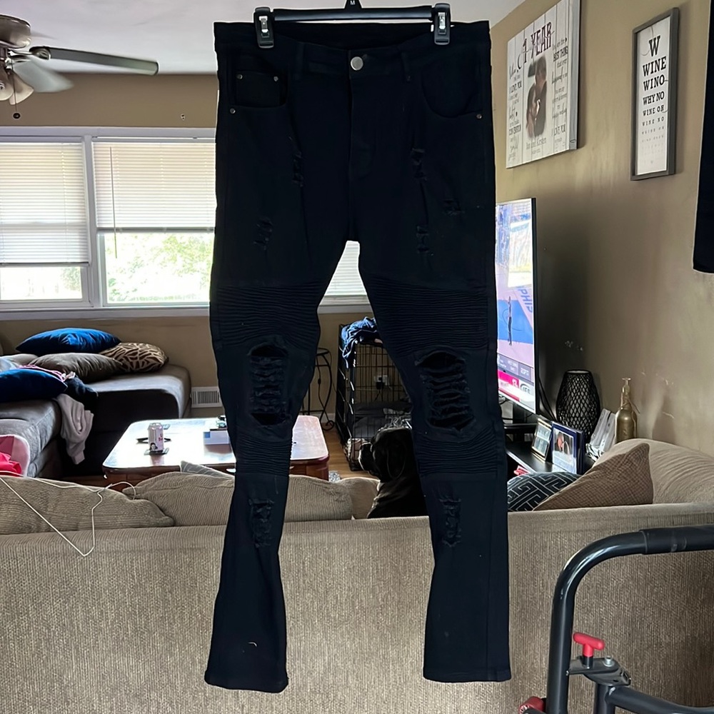 Mens slim black jeans with cut outs